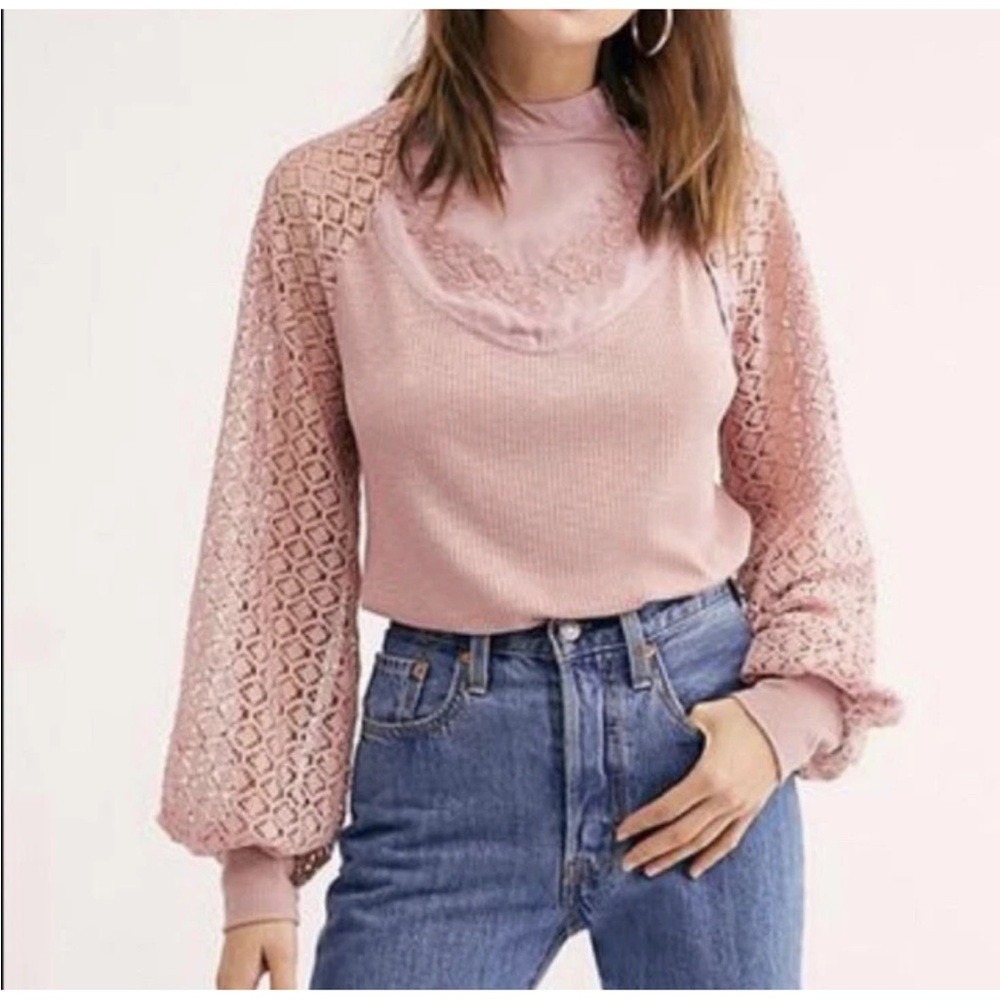Free People Women's‎ Sweetest Thing Thermal Pink Blush Top Lace Balloon Sleeve M - Picture 2 of 16